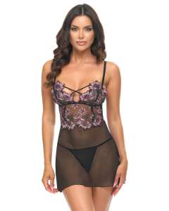 Oh La La Cheri Adela Floral Sheer Embroidered Babydoll Set
