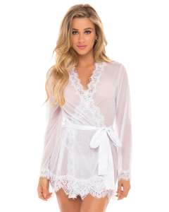 Oh La La Cheri Provence Short Sheer Eyelash Lace Trim Robe & G-String Set
