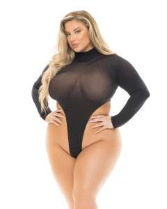 Pink Lipstick High AF Sheer Long Sleeve High Cut Plus Size Bodysuit