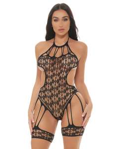 Pink Lipstick Trust Issues Halter Teddy with Leg Garters