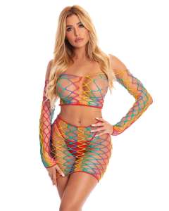 Pink Lipstick Pot of Gold Fishnet Crop Top & Skirt Set