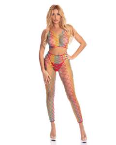 Pink Lipstick Roy G. Biv Fishnet Crop Top & Leggings Set