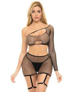 Pink Lipstick Right Thru Me Fishnet Top, Garter Skirt & G-String Set