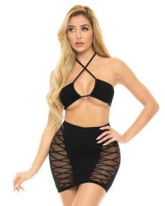 Pink Lipstick Hold On Tight Crisscross Halter Bra & Skirt Set