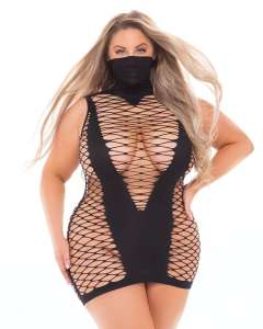 Pink Lipstick Built-In Masquerade Mask Open Net Mini Dress