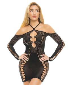 Pink Lipstick Animal Inside Inspired Fishnet Lace Halter Mini Dress