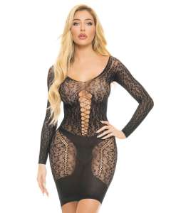 Pink Lipstick Animal Inside Long-Sleeve Lace-Up Detail Chemise