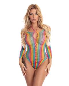 Pink Lipstick More Color Long Sleeve Rainbow Net Keyhole Bodysuit
