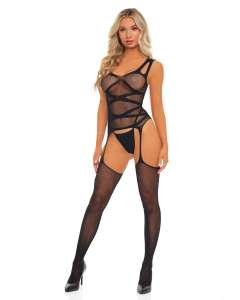 Pink Lipstick On Level High Sheer Mesh Crisscross Bodystocking