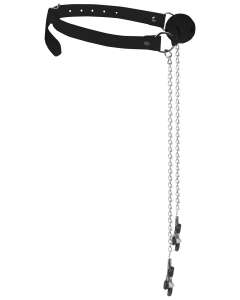 Shots Ouch Black & White Breathable Ball Gag with Nipple Clamps