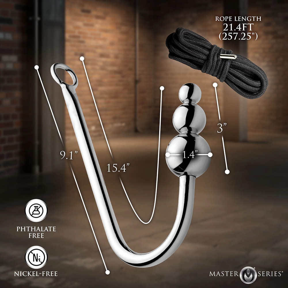 Master Series Roped Beaded Anal Hook with Rope Dimensions